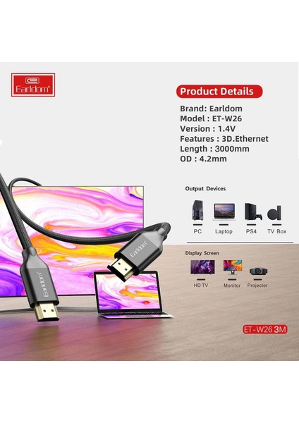 W26 3m 4K Altın Uçlu Hasır HDMI Kablo - Siyah