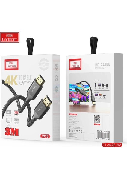 W26 3m 4K Altın Uçlu Hasır HDMI Kablo - Siyah