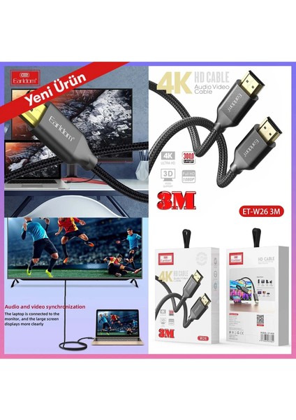 W26 3m 4K Altın Uçlu Hasır HDMI Kablo - Siyah