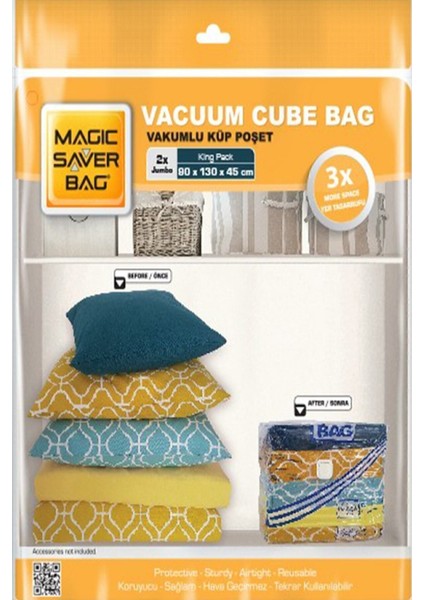 2'li Jumbo Küp Vakumlu Poşet Seti, Pembe, Pratik ve Hızlı Saklama Çözümü