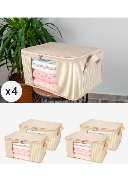 4'lü Bej Pencereli Krem Çizgili Dolap Içi Düzenleyici 40X30X20 cm
