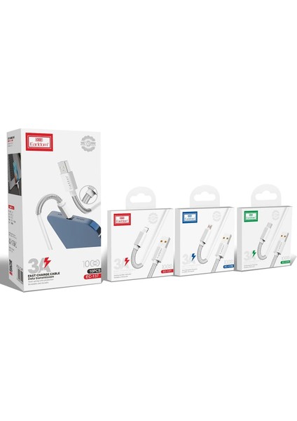 EC-137L 1m 3A Kırılmaya Dayanıklı Lightning Hızlı Şarj Kablosu - Beyaz