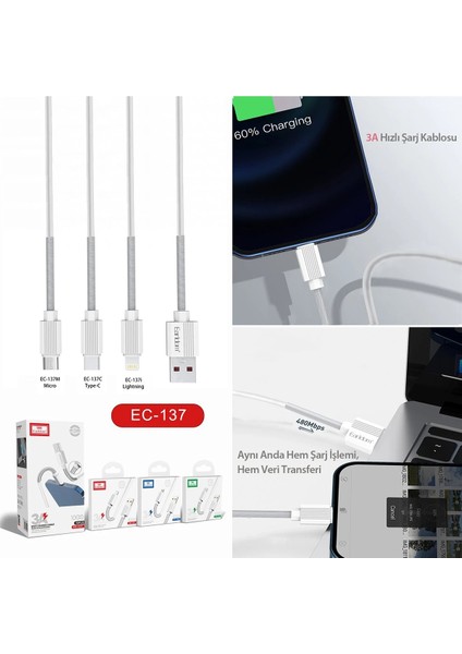 EC-137L 1m 3A Kırılmaya Dayanıklı Lightning Hızlı Şarj Kablosu - Beyaz