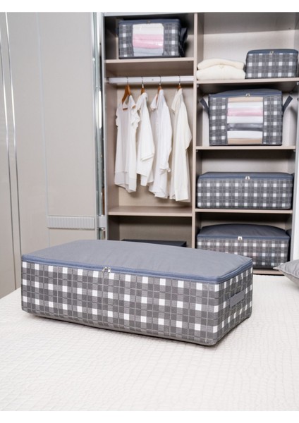 6'lı Gri Kare Desenli Ekoseli Yatak Düzenleyici, 75X40X20 cm