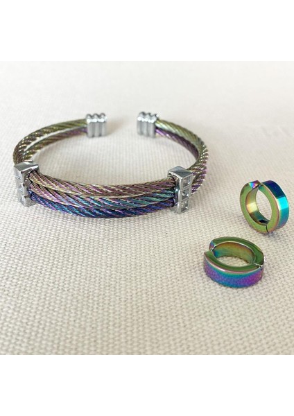 Renkli Hasır Çelik Kelepçe Küpe Set