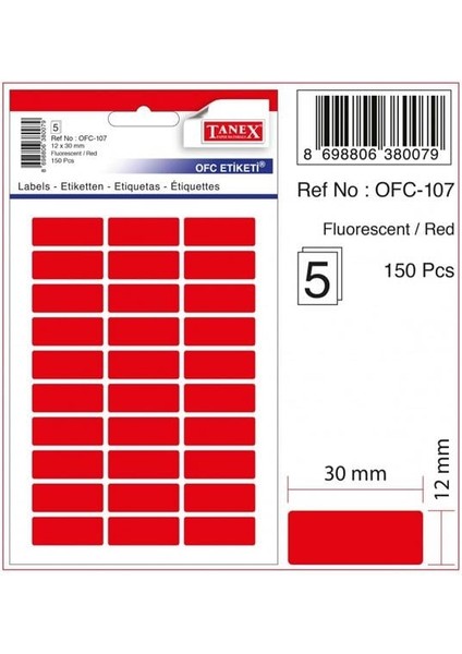 Ofis Etiketi Poşetli 12X30 mm Fosforlu Kırmızı OFC-107