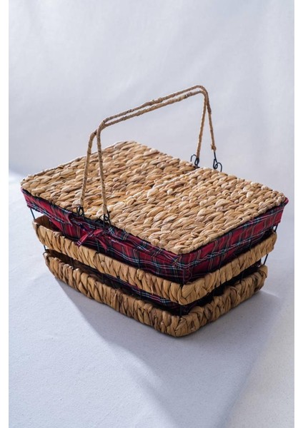 Hasır Ekose Kapaklı Dikdörtgen Piknik Sepeti 39CM fiyatları