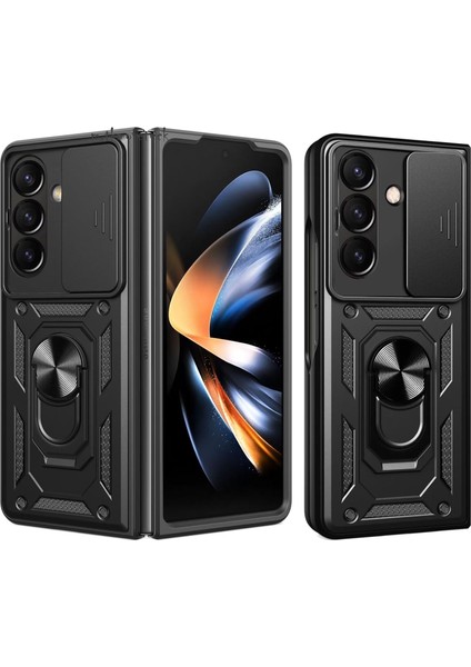 Samsung Galaxy Z Fold 7 Kılıf Kamera Korumalı Sürgülü Yüzüklü Standlı Military Armor Zırh Tank Kızaklı Kapak