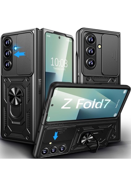 Samsung Galaxy Z Fold 7 Kılıf Kamera Korumalı Sürgülü Yüzüklü Standlı Military Armor Zırh Tank Kızaklı Kapak