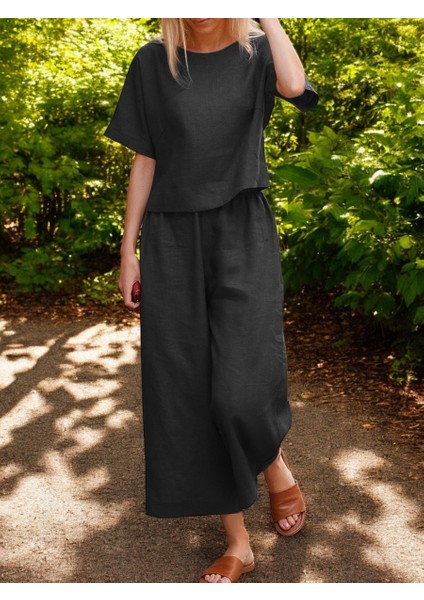 Keten Kadın Beli Lastikli Alt Üst Ikili Takım