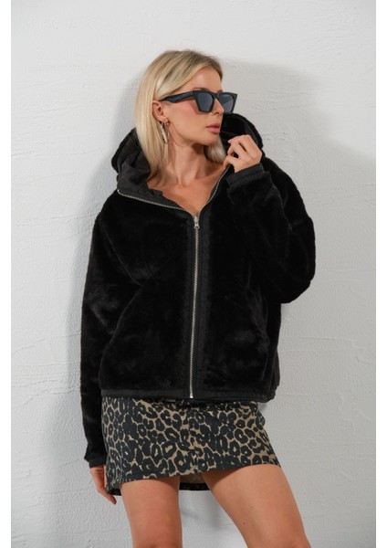 Çift Taraflı ,bir Yüzü Mikro Diğeri Şerpa Suni Kürk, Kapüşonlu Peluş Kadın Mont @zamora