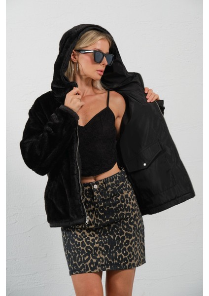 Çift Taraflı ,bir Yüzü Mikro Diğeri Şerpa Suni Kürk, Kapüşonlu Peluş Kadın Mont @zamora fırsatları