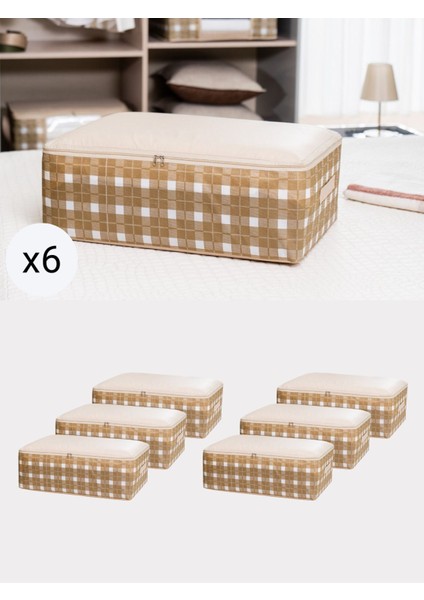 Büyük Bej Kare Ekoseli Baza Altı Düzenleyici Hurç Seti 60X40X20 Cm, Şeffaf Görünüm