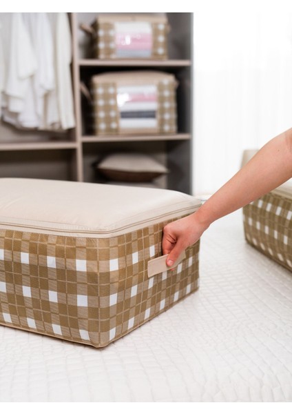 Büyük Bej Kare Ekoseli Baza Altı Düzenleyici Hurç Seti 60X40X20 Cm, Şeffaf Görünüm fırsatları