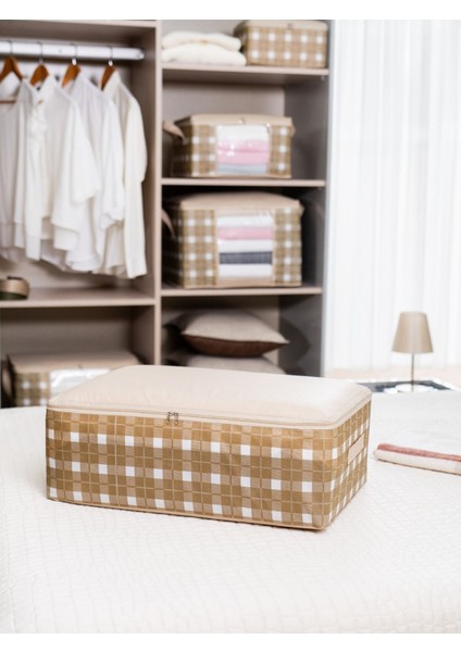 Büyük Bej Kare Ekoseli Baza Altı Düzenleyici Hurç Seti 60X40X20 Cm, Şeffaf Görünüm