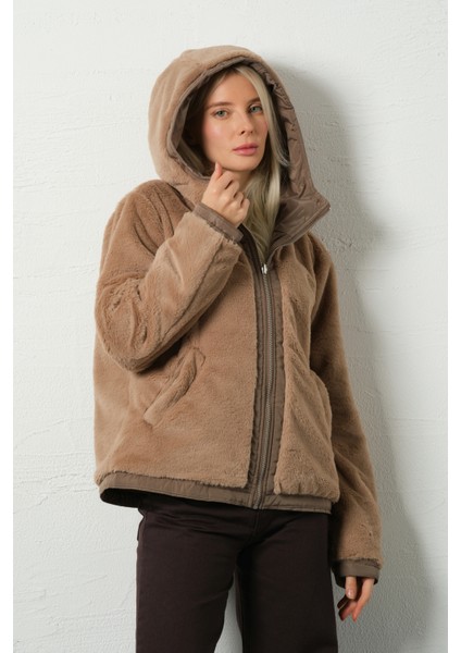 Çift Taraflı ,bir Yüzü Mikro Diğeri Şerpa Suni Kürk, Kapüşonlu Peluş Kadın Mont @zamora