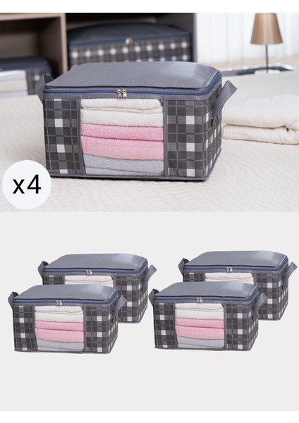 Gri Kare Ekose Düzenleyici, 4'lü, 40X30X20 Cm, Dolap ve Bavul Için Organizatör