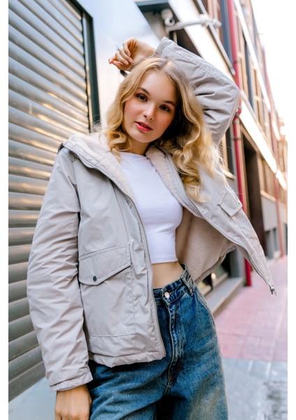 Çift Taraflı ,bir Yüzü Mikro Diğeri Şerpa Suni Kürk, Kapüşonlu Peluş Kadın Mont @zamora