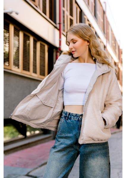 Çift Taraflı ,bir Yüzü Mikro Diğeri Şerpa Suni Kürk, Kapüşonlu Peluş Kadın Mont @zamora modelleri