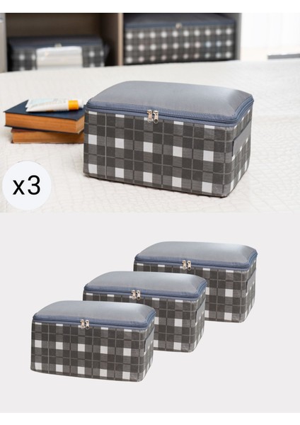 Gri Kareli Baza Altı Çekmece ve Bavul Içi Düzenleyici Seti, 30X20X15 cm (3'lü)