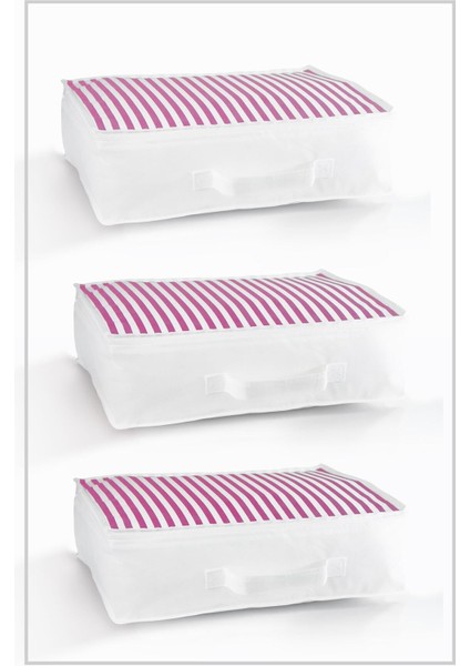 3'lü Organizer Seti 53X44X20CM, Yorgan, Yastık ve Hurç Düzenleyici, Pembe Çizgili