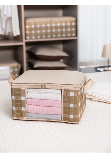 Bej Ekoseli Dolap Içi Düzenleyici ve Havlu Organizer, 40X30X20 cm