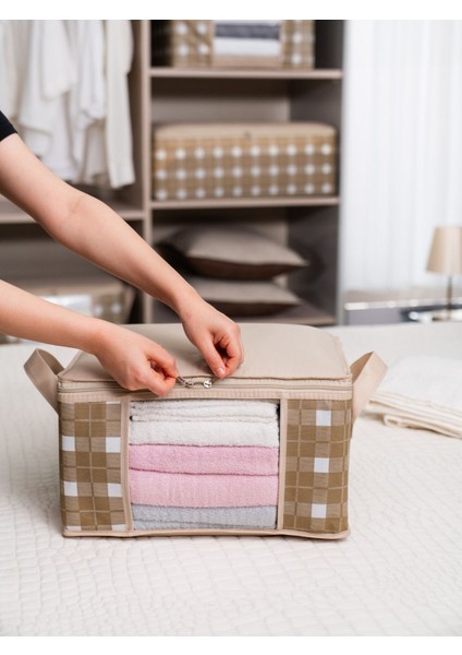 Bej Ekoseli Dolap Içi Düzenleyici ve Havlu Organizer, 40X30X20 cm modelleri