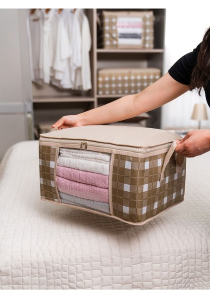 Bej Ekoseli Dolap Içi Düzenleyici ve Havlu Organizer, 40X30X20 cm fırsatları