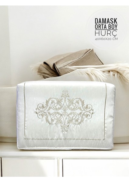 Ekru Damask Desenli Orta Boy Nakışlı Hurç 40X60X20 cm