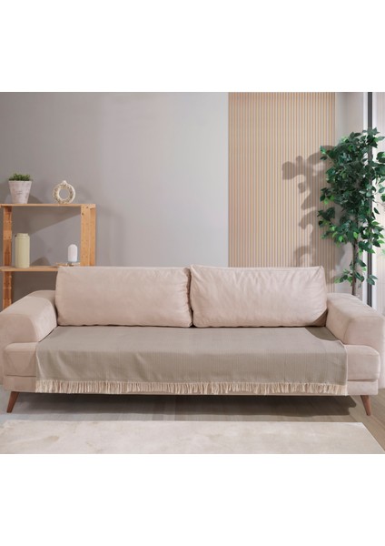 Açık Bej Pamuklu Koltuk Örtüsü 115X200 Önden Saçaklı Çizgili Desenli fiyatları