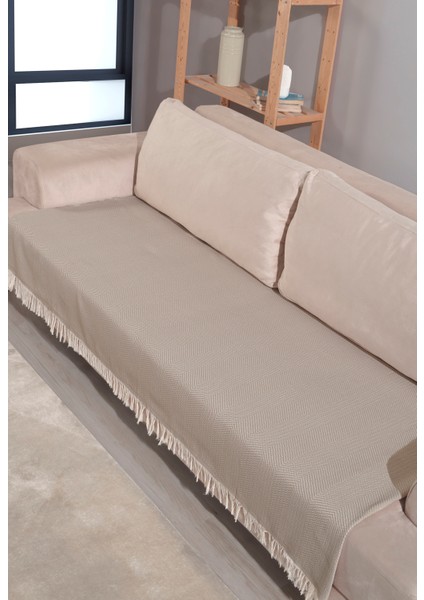 Açık Bej Pamuklu Koltuk Örtüsü 115X200 Önden Saçaklı Çizgili Desenli modelleri