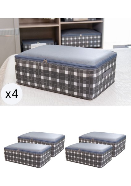 4'lü Gri Kare Desenli Ekoseli Yatak Altı Seti, 60X40X20 Cm, Şeffaf ve Şık Tasarım