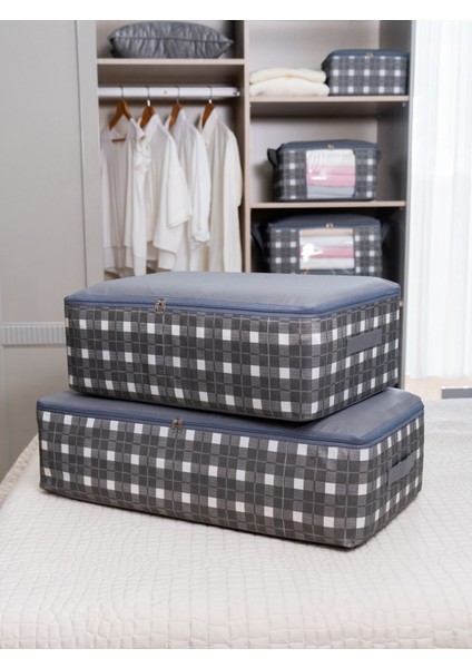 4'lü Gri Kare Desenli Ekoseli Yatak Altı Seti, 60X40X20 Cm, Şeffaf ve Şık Tasarım fiyatları