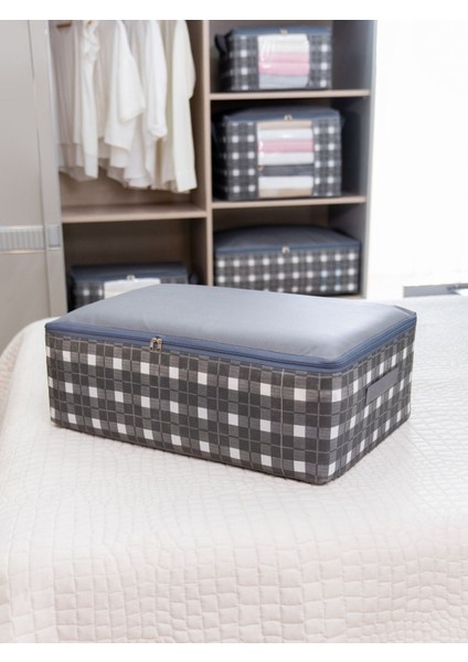 4'lü Gri Kare Desenli Ekoseli Yatak Altı Seti, 60X40X20 Cm, Şeffaf ve Şık Tasarım