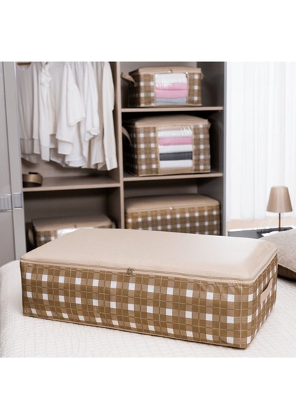 Ekose Desenli Saklama Hurçları, 75X40X20, 2'li, Bej, Dolap ve Baza Altı Düzenleyici fiyatları