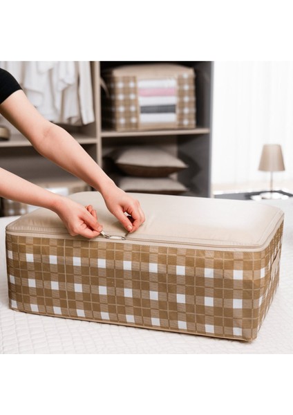 Ekose Desenli Saklama Hurçları, 75X40X20, 2'li, Bej, Dolap ve Baza Altı Düzenleyici fırsatları