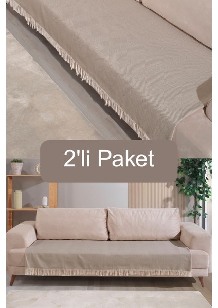Bej Pamuklu 2'li Koltuk Örtüsü 115X200 Önden Saçaklı Çizgili Desenli