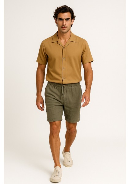 Müslin Keten Beli Lastikli Bağcıklı Kemerli Erkek Şort