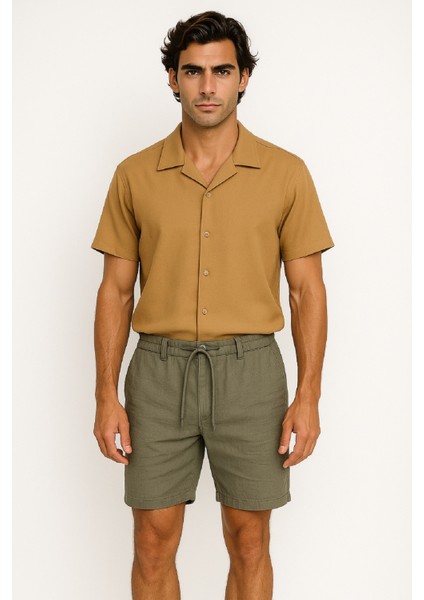 Müslin Keten Beli Lastikli Bağcıklı Kemerli Erkek Şort fiyatları