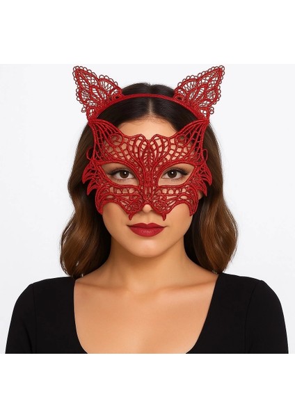 Kırmızı Dantel Kedi Maskesi ve Dantel Taç Seti – Kadın Kostüm Aksesuarı