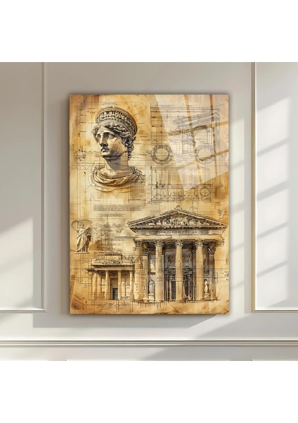 Antik Roma Mimari ve Heykel Çizimli Cam Tablo – Vintage Sanat Dekoratif Duvar Tablosu