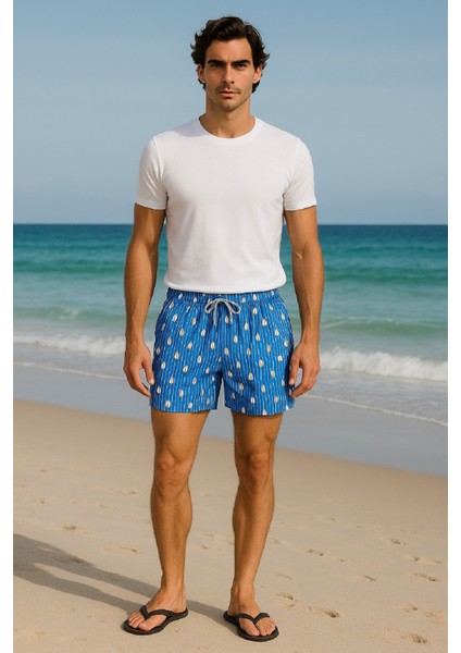 Mavi Dijital Penguen Desenli Cepli Içi Külotlu Hızlı Kuruyan Erkek Deniz Şortu
