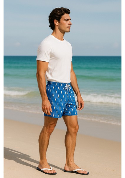 Mavi Dijital Penguen Desenli Cepli Içi Külotlu Hızlı Kuruyan Erkek Deniz Şortu fiyatları