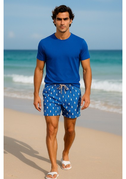 Mavi Dijital Penguen Desenli Cepli Içi Külotlu Hızlı Kuruyan Erkek Deniz Şortu modelleri