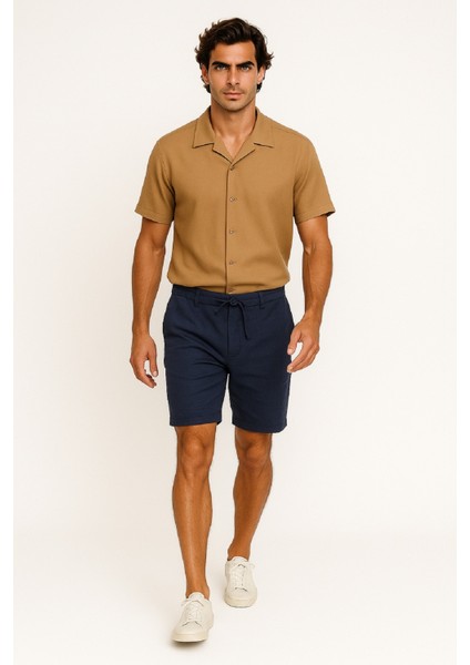 Müslin Keten Beli Lastikli Bağcıklı Kemerli Erkek Şort