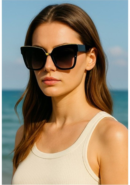 Gold Üst Siyah Çerçeve Kadın Güneş Gözlüğü Uv 400 Korumalı Ce Sertifikalı Güneş Gözlüğü