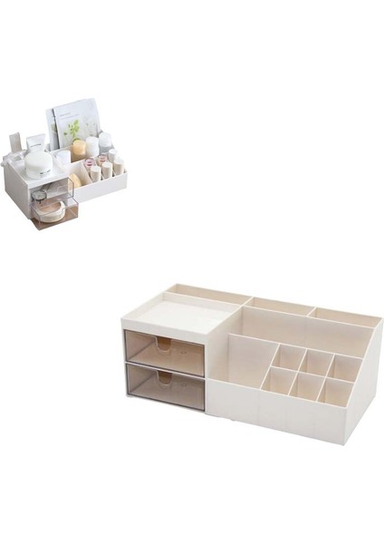 2 Çekmeceli 12 Bölmeli Düzenleyici Hobi Dikiş Takı Makyaj Organizeri Krem Rengi Organizer