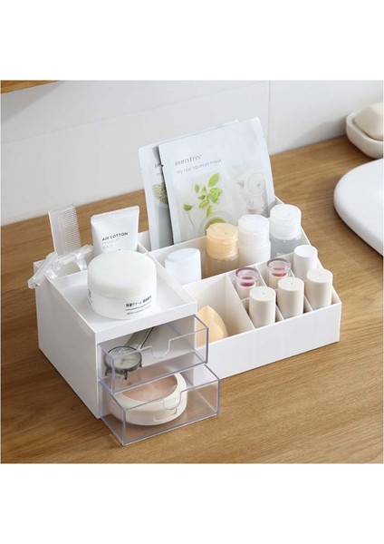 2 Çekmeceli 12 Bölmeli Düzenleyici Hobi Dikiş Takı Makyaj Organizeri Krem Rengi Organizer