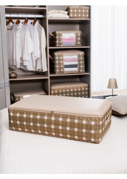 Bej Kare Desenli Ekoseli Yatak Düzenleyici Seti 75X40X20 Cm, 2'li modelleri
