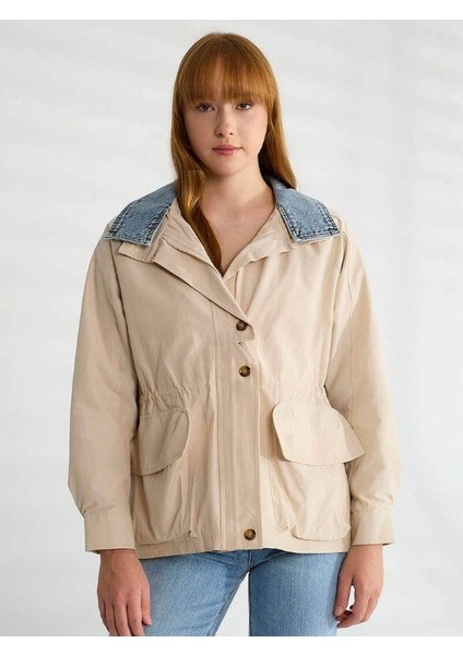 87077 Jean Detaylı Uzun Trench Taş